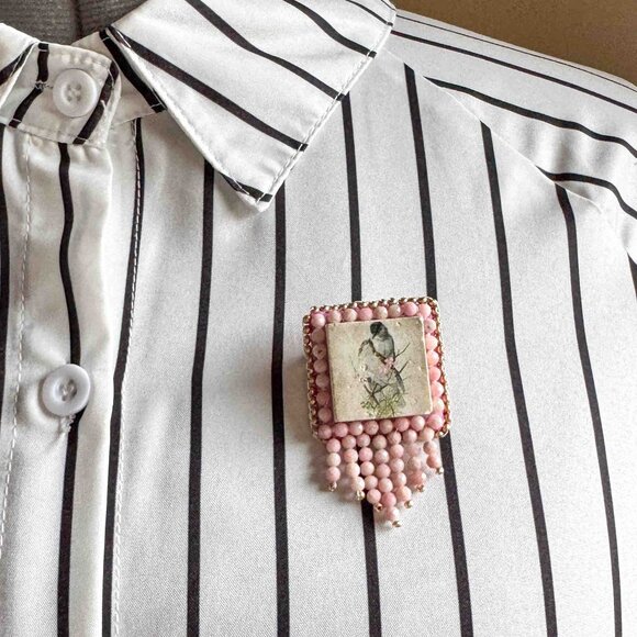 Handmade Jewelry - Handmade Pink Beaded Bird Brooch Vintage Style Statement Pin